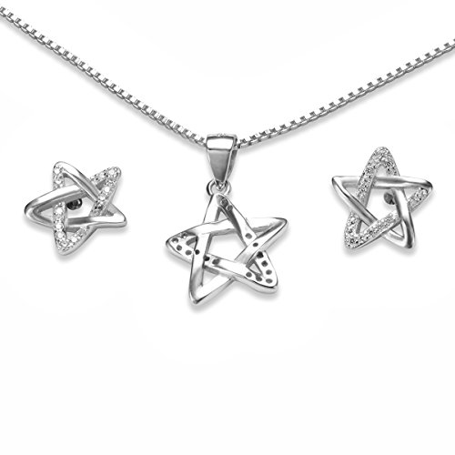 Stern Kette #1997 Silber - 925 (55) Ohrringe Anhänger Zirkonia Schmuckset Sterne